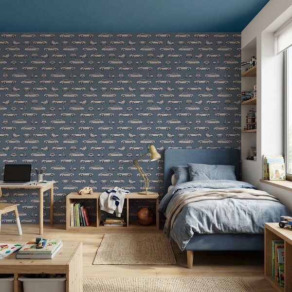 Tapety Samochody i skutery w stylu retro na niebieskim tle, Tapety vintage, a01178 : Uwalls.pl