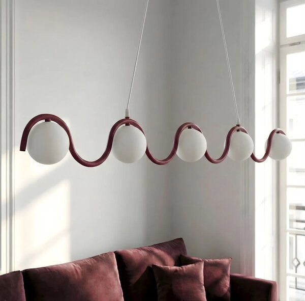 Długa lampa nad stół Sinus 5 Burgundy – 5 kloszy mlecznych, do jadalni, kuchni domodes