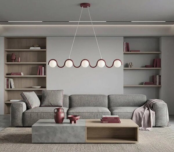 Długa lampa nad stół Sinus 5 Burgundy – 5 kloszy mlecznych, do jadalni, kuchni domodes