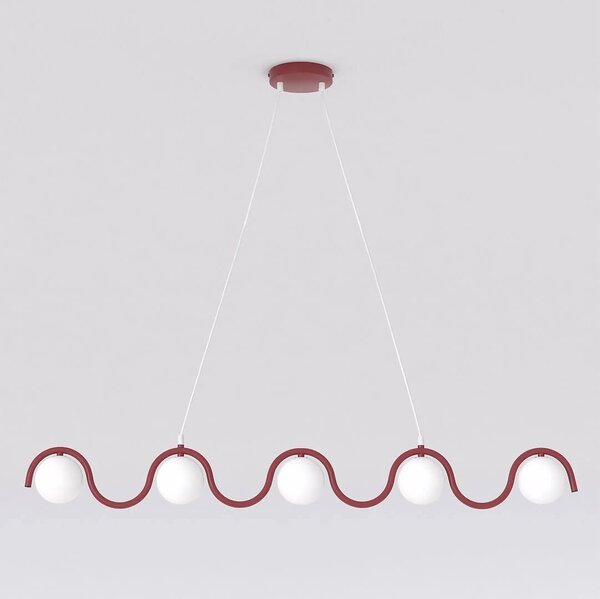 Długa lampa nad stół Sinus 5 Burgundy – 5 kloszy mlecznych, do jadalni, kuchni domodes