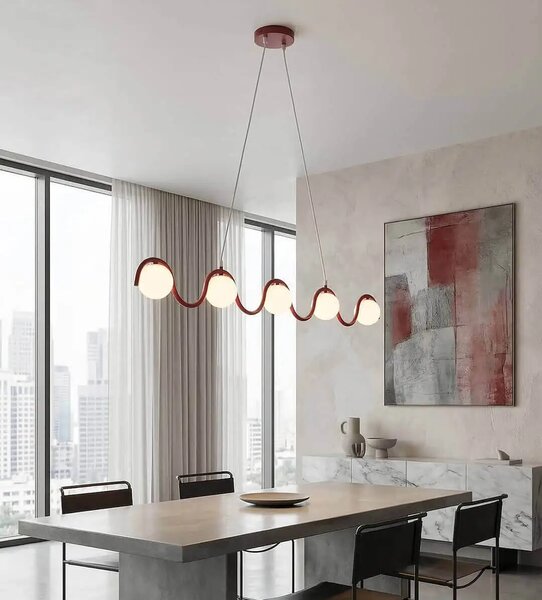 Długa lampa nad stół Sinus 5 Burgundy – 5 kloszy mlecznych, do jadalni, kuchni domodes