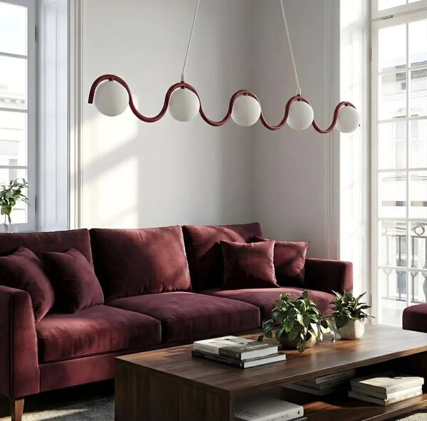 Długa lampa nad stół Sinus 5 Burgundy – 5 kloszy mlecznych, do jadalni, kuchni domodes