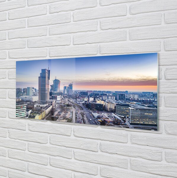 Obraz na szkle Warszawa Panorama wieżowce wschód słońca