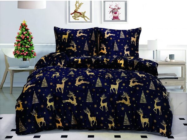 Pościel mikroplusz GOLDEN DEER granatowe + prześcieradło mikroplusz SOFT 90x200 cm niebieskie