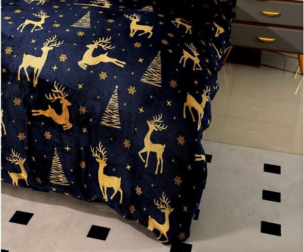 Pościel mikroplusz GOLDEN DEER granatowe + prześcieradło mikroplusz SOFT 90x200 cm niebieskie