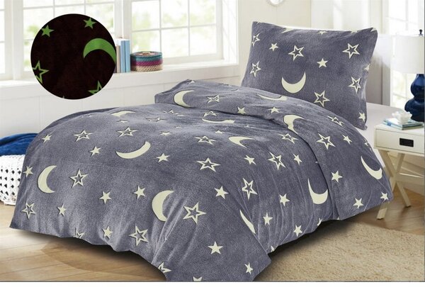 Świecąca pościel z mikropluszu BIG MOON szara + prześcieradło z mikropluszu SOFT 90x200 cm jasnoszare