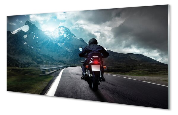 Obraz na szkle Motocykl góry droga człowiek niebo