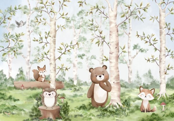 Fototapety Ilustracja dla dzieci przedstawiająca las, w którym występują niedźwiedź, lis i jeż, Tapety Wyjątkowe, w05532 : Uwalls.pl