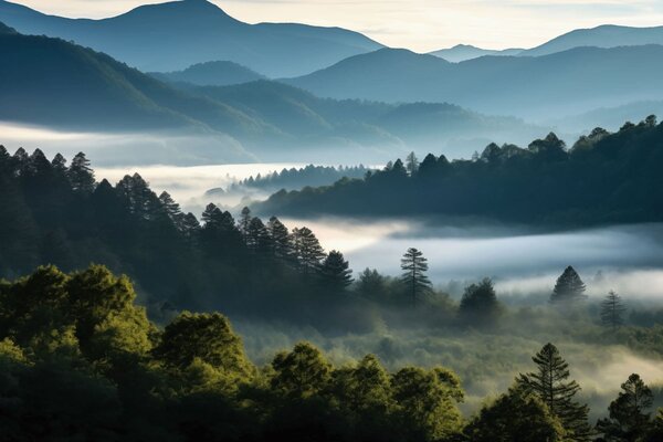 Fototapety Górski krajobraz z mgłą i lasami o świcie, Fototapety Natura, w05573 : Uwalls.pl