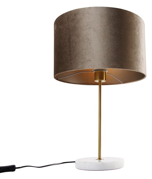 Lampa stołowa mosiężna z aksamitnym abażurem taupe 35 cm - Kaso