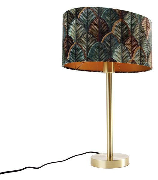 Lampa stołowa mosiężna z owalnym aksamitnym abażurem z motywem liści 35 cm - Simplo