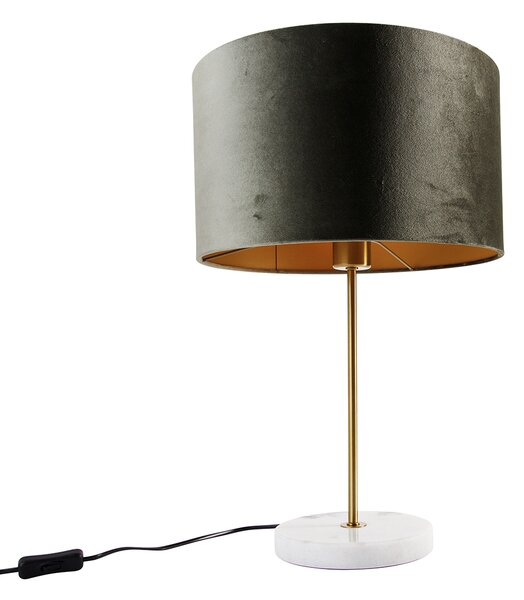 Lampa stołowa mosiężna z aksamitnym abażurem zielonym 35 cm - Kaso