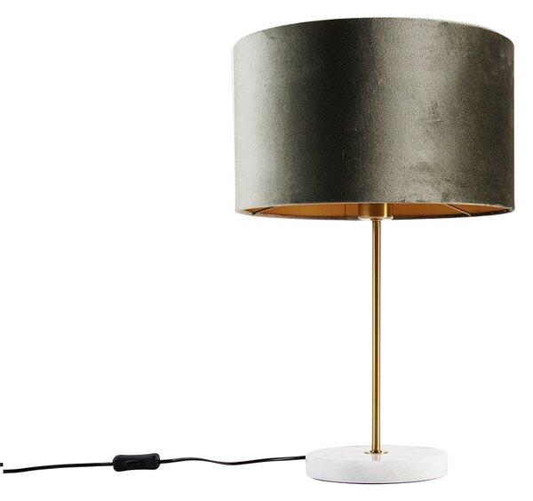 Lampa stołowa mosiężna z aksamitnym abażurem zielonym 35 cm - Kaso