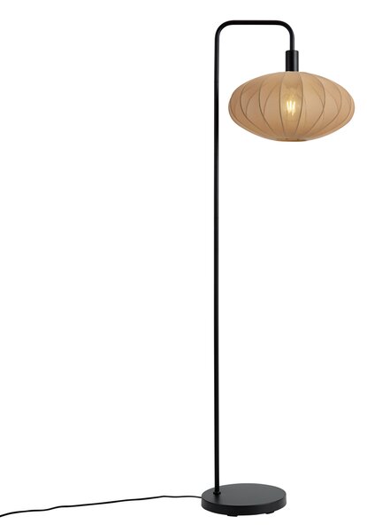 Lampa podłogowa Japandi czarna z brązowym materiałowym abażurem - Bida