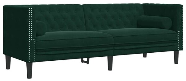Sofa chesterfield z waÅkami, 3-osobowa, ciemnozielona, aksamit