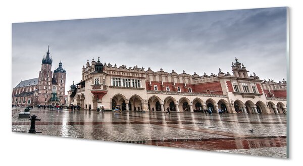 Obraz na szkle Kraków Sukiennice kościół deszcz