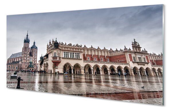 Obraz na szkle Kraków Sukiennice kościół deszcz