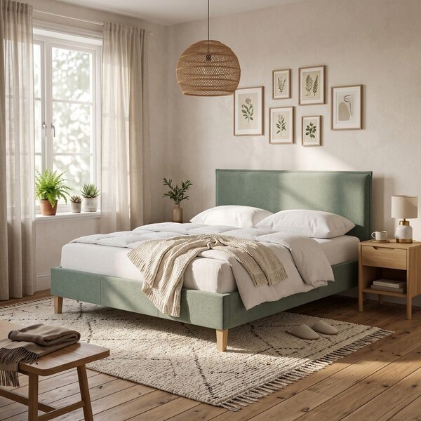Zielone tapicerowane łóżko dwuosobowe ze stelażem 140x200 cm Tina – Ropez