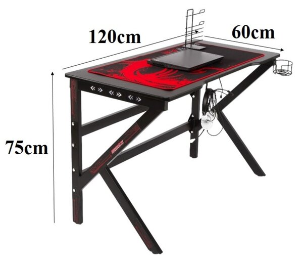 Biurko gamingowe 120 cm + LED z uchwytem na kubek czarny