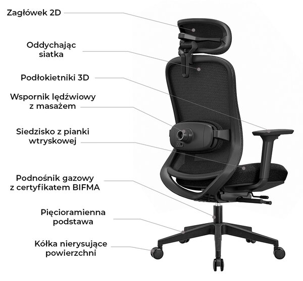 Fotel obrotowy Fizjo z funkcją masażu, zgodny z normą BHP