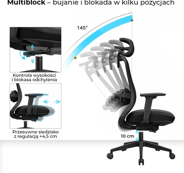 Fotel obrotowy Fizjo z funkcją masażu, zgodny z normą BHP
