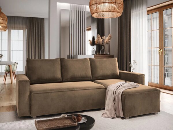 Rozkładana narożna sofa CAVELO, jasnobrązowa, uniwersalna