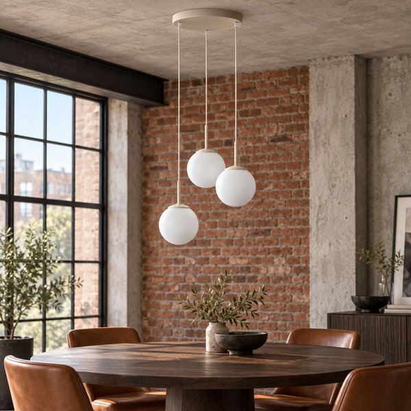 Lampa wisząca Aurelia beżowa z 3 kulistymi kloszami na okrągłej podsufitce