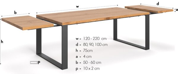 Stół industrialny Mova z dostawkami Buk 120x80 cm Jedna dostawka 50 cm