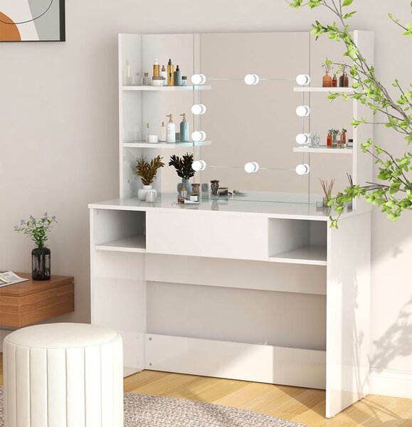 Biała toaletka do makijażu z żarówkami led C7-B76