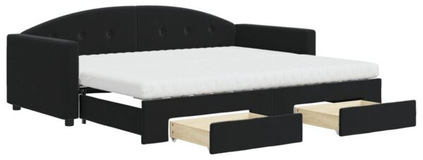 Sofa rozsuwana z szufladami, czarna, 90x200 cm, aksamit