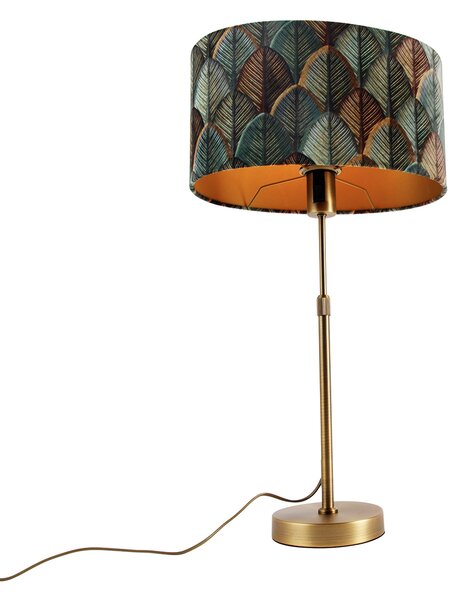 Lampa stołowa brązowa z owalnym aksamitnym abażurem z motywem liści 35 cm - Parte