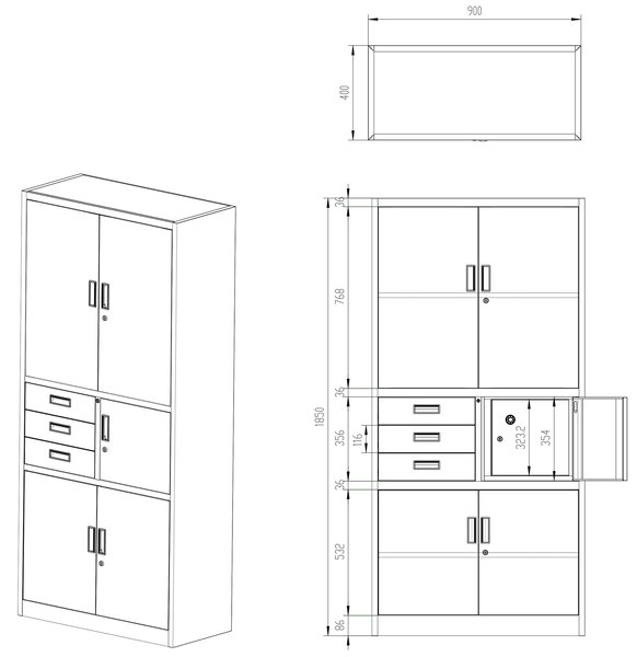 Biurowa szafa na akta z sejfem Filip II 90x40x185 cm antracyt/biały