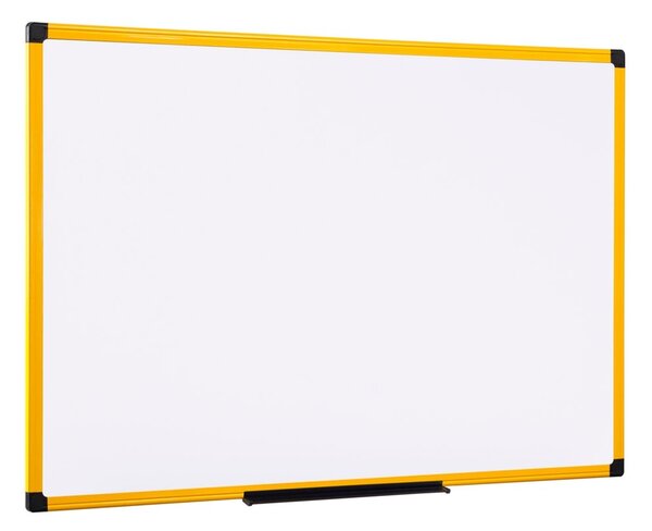 Biała tablica do pisania kredowa na ścianę, magnetyczna, żółta ramka, 900 x 600 mm