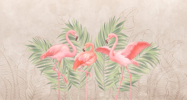 Fototapeta Grupa różowych flamingów z zielonymi liśćmi, Fototapety z zwierzętami, Popularne Fototapety, t00741 - Tapeko.pl