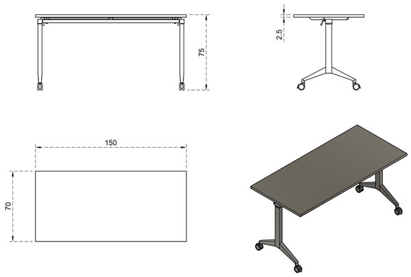 Biurko z kółkami i białym blatem Yumi S 150x70 cm