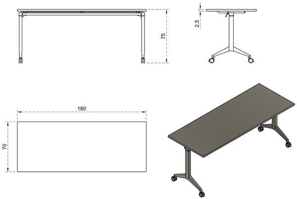 Biurko z kółkami i białym blatem Yumi S 180x70 cm