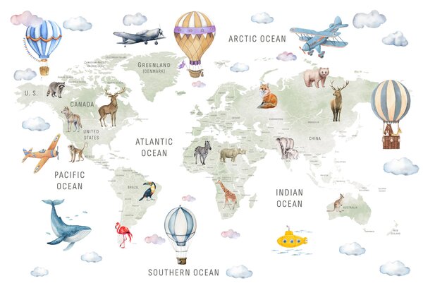 Fototapeta Mapa świata ze zwierzętami i ptakami, Fototapety z mapami świata, Popularne Fototapety, w04636 - Tapeko.pl