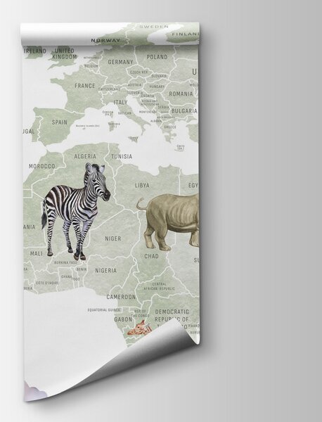 Fototapeta Mapa świata ze zwierzętami i ptakami, Fototapety z mapami świata, Popularne Fototapety, w04636 - Tapeko.pl