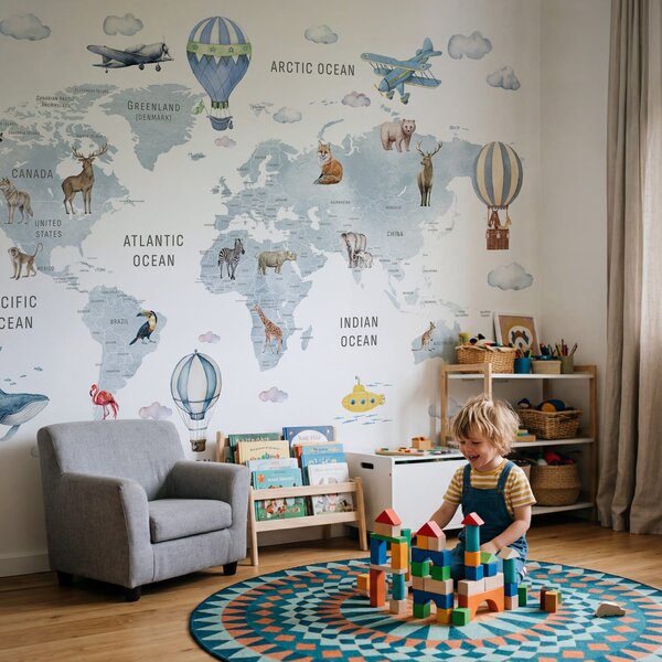 Fototapeta Mapa świata ze zwierzętami i ptakami, Fototapety z mapami świata, Popularne Fototapety, w04636v1 - Tapeko.pl