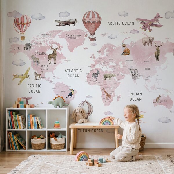 Fototapeta Mapa świata ze zwierzętami i ptakami, Fototapety z mapami świata, Popularne Fototapety, w04636v3 - Tapeko.pl