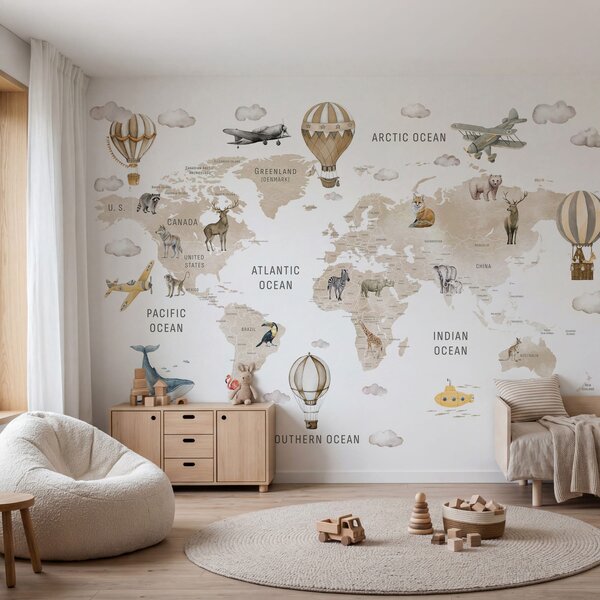 Fototapeta Mapa świata ze zwierzętami i balonami, Fototapety z mapami świata, Popularne Fototapety, w04636v2 - Tapeko.pl