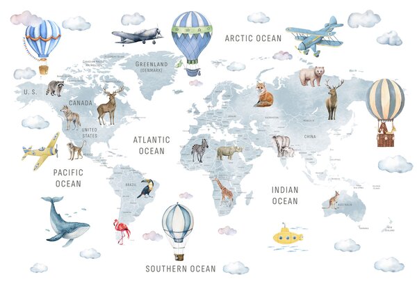 Fototapeta Mapa świata ze zwierzętami i ptakami, Fototapety z mapami świata, Popularne Fototapety, w04636v1 - Tapeko.pl