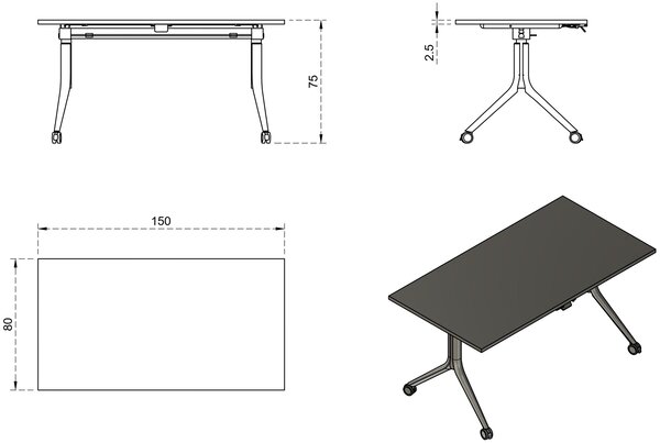Składane biurko pracownicze na kółkach Carl 150x80 cm
