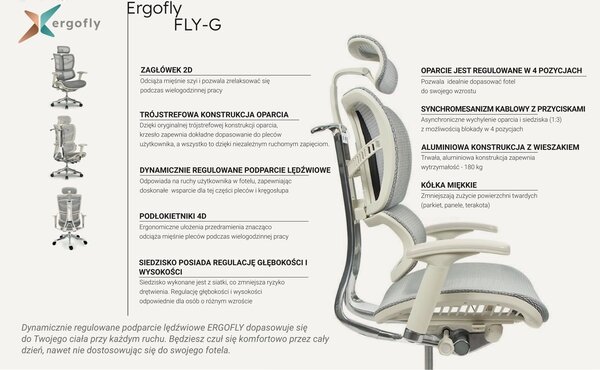Fotel do pracy przy biurku ErgoFly Fly-G T-06, zgodny z normą BHP, kolor biały