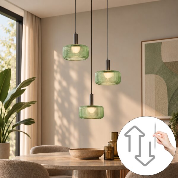 Designerska lampa wisząca grafitowa z zielonym szkłem, zintegrowany LED, 3-stopniowo ściemnialna, 3-punktowa Easylift - Fiera