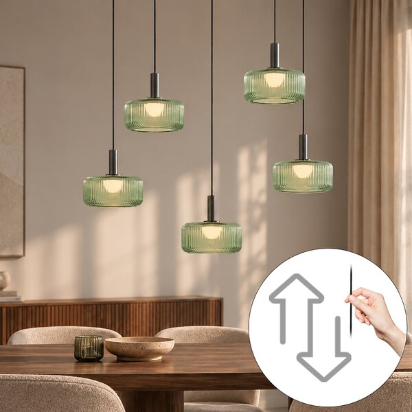 Designerska lampa wisząca Fiera, grafitowa, z zielonym szkłem, zintegrowanym LED, 3-stopniowo ściemnialna, 5-punktowa, z systemem Easylift