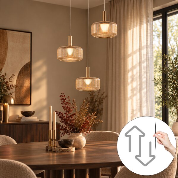 Designerska lampa wisząca różowe złoto z bursztynowym szkłem z wbudowanym LED 3-stopniowo ściemnialna 3-punktowa Easylift - Fiera