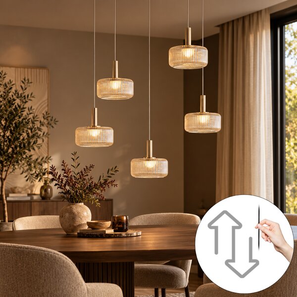 Designerska lampa wisząca Fiera, różowe złoto z bursztynowym szkłem, z LED, 3-stopniowe ściemnianie, 5-punktowa, Easylift