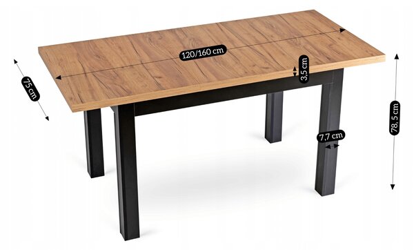 Loftowy stół rozkładany Skubi 120-160 cm, dąb craft/czarny