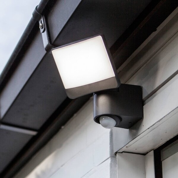 LUTEC Zewnętrzny reflektor ścienny LED z czujnikiem SUNSHINE, 15 cm, ciemnoszary, IP44 SUNSHINE, aluminiowy / szary / cynkowy, tworzywo sztuczne, nowoczesny